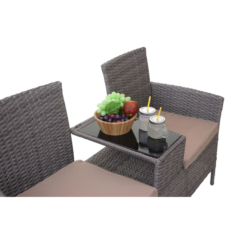 Banc avec table en polyrotin banquette de jardin, meuble de jardin 132cm - gris, coussin crème
