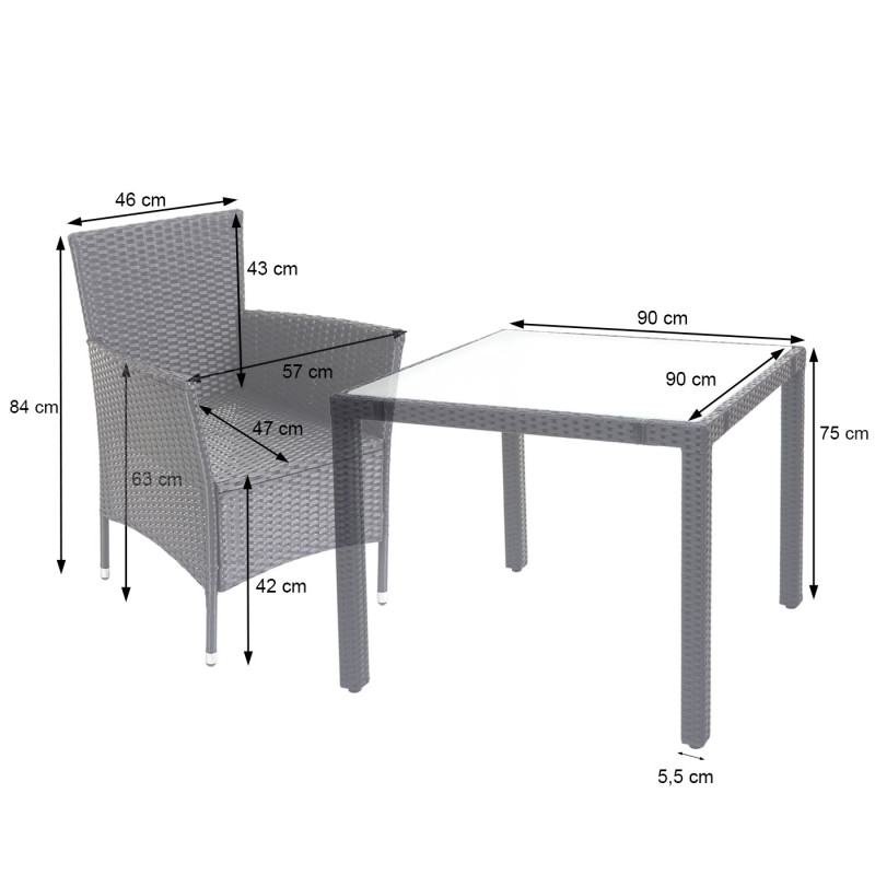 Garniture en polyrotin ensemble fauteuils et table, balcon/jardin - anthracite, coussins gris foncés