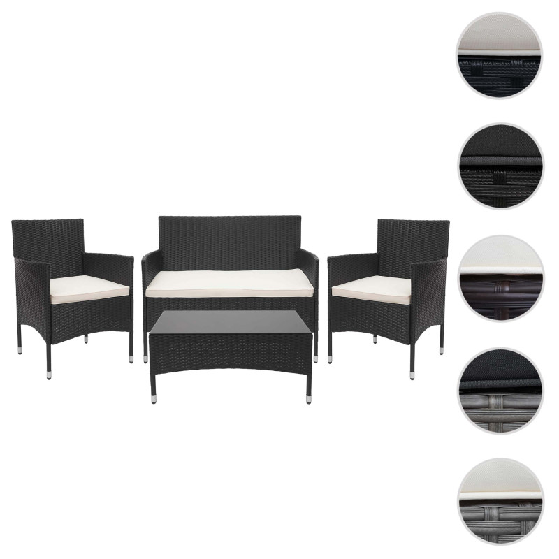 Garniture en polyrotin ensemble fauteuils, banc et table, balcon/jardin - noir, coussins gris foncé
