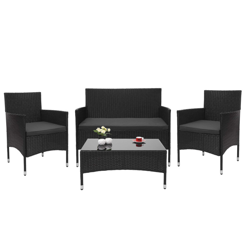 Garniture en polyrotin ensemble fauteuils, banc et table, balcon/jardin - noir, coussins gris foncé