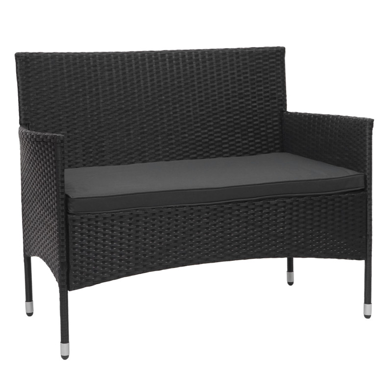 Garniture en polyrotin ensemble fauteuils, banc et table, balcon/jardin - noir, coussins gris foncé