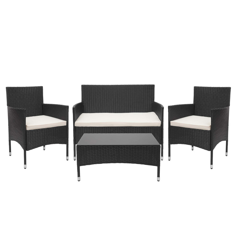 Garniture en polyrotin ensemble fauteuils, banc et table, balcon/jardin - noir, coussins crème