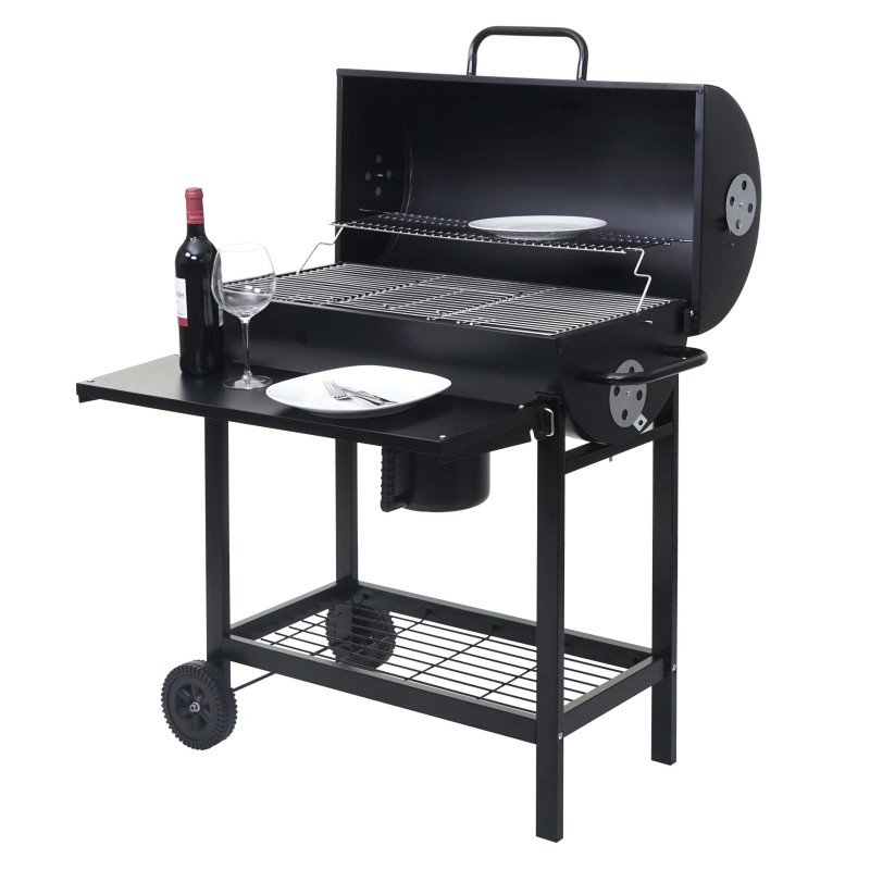 Chariot barbecue gril à charbon de bois, sur pieds avec abattant, rack, acier 103x93x70cm noir