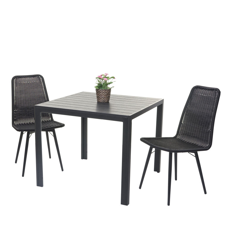 Salon de jardin set de balcon, table WPC, 2x chaise en polyrotin + table 76x90x90cm - noir