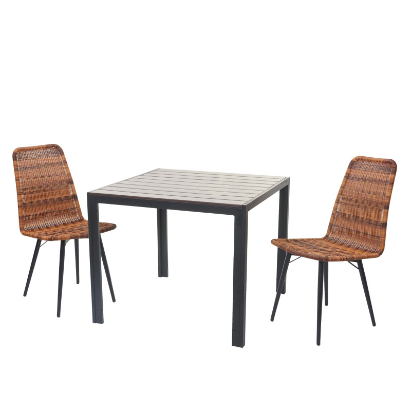Salon de jardin set de balcon, table WPC, 2x chaise en polyrotin+table 76x90x90cm - marron