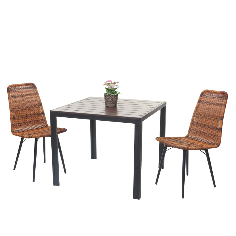 Salon de jardin set de balcon, table WPC, 2x chaise en polyrotin+table 76x90x90cm - marron