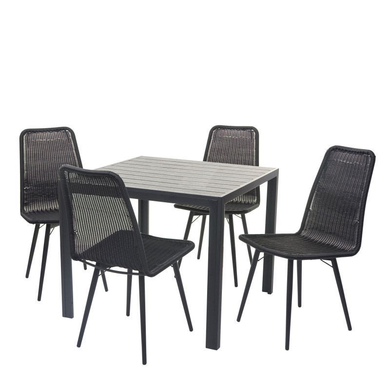 Salon de jardin set de balcon, plateau de table en WPC, 4x chaise en polyrotin 76x90x90cm - noir