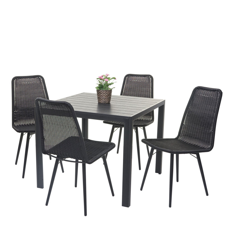 Salon de jardin set de balcon, plateau de table en WPC, 4x chaise en polyrotin 76x90x90cm - noir