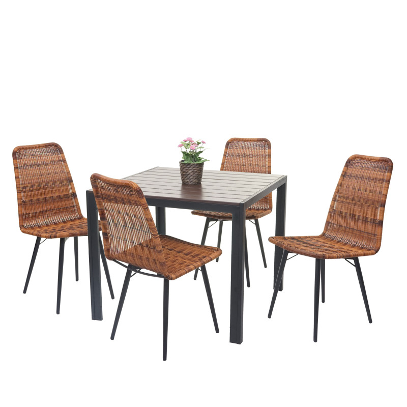 Garniture de jardin plateau de table en WPC, 4x chaise en polyrotin 76x90x90cm - marron