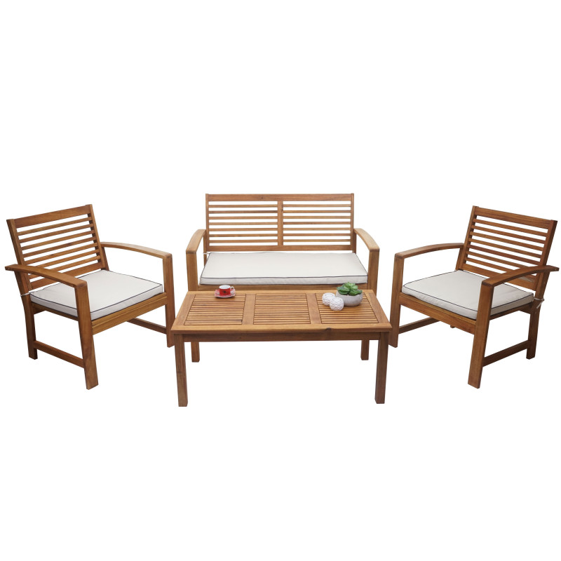 Salon de jardin ensemble canapé fauteuil, set de balcon, bois massif d'acacia, coussin crème