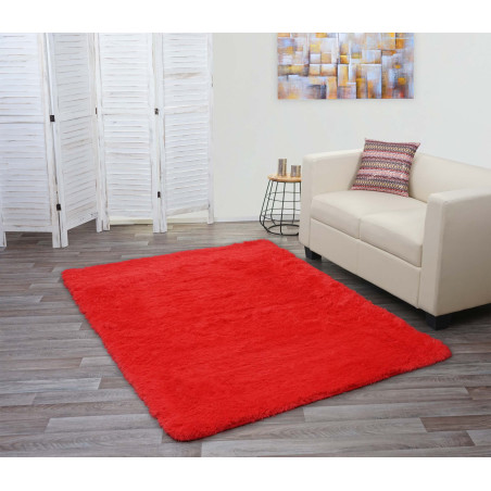 Tapis shaggy, épais, poil long, tissu/textile, cotonneux, doux, 200x140cm - rouge