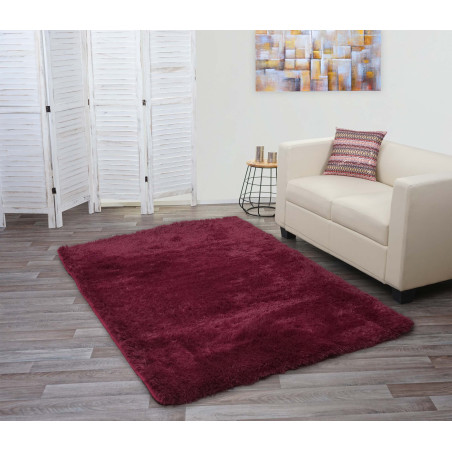 Tapis shaggy, épais, poil long, tissu/textile, cotonneux, doux, 200x140cm - bordeaux