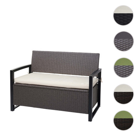 Banc en polyrotin banquette de jardin, coffre, compartiment, coussin - marron, coussin vert