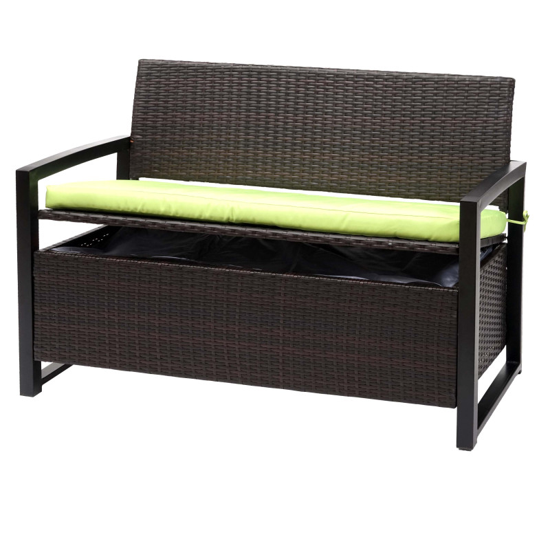 Banc en polyrotin banquette de jardin, coffre, compartiment, coussin - marron, coussin vert