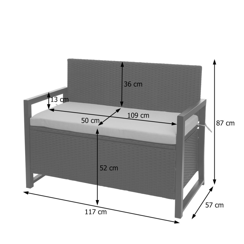 Banc en polyrotin banquette de jardin, coffre, compartiment, coussin - marron, coussin vert