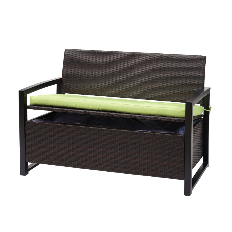 Banc en polyrotin banquette de jardin, coffre, compartiment, coussin - marron, coussin vert