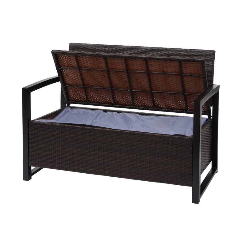 Banc en polyrotin banquette de jardin, coffre, compartiment, coussin - marron, coussin vert