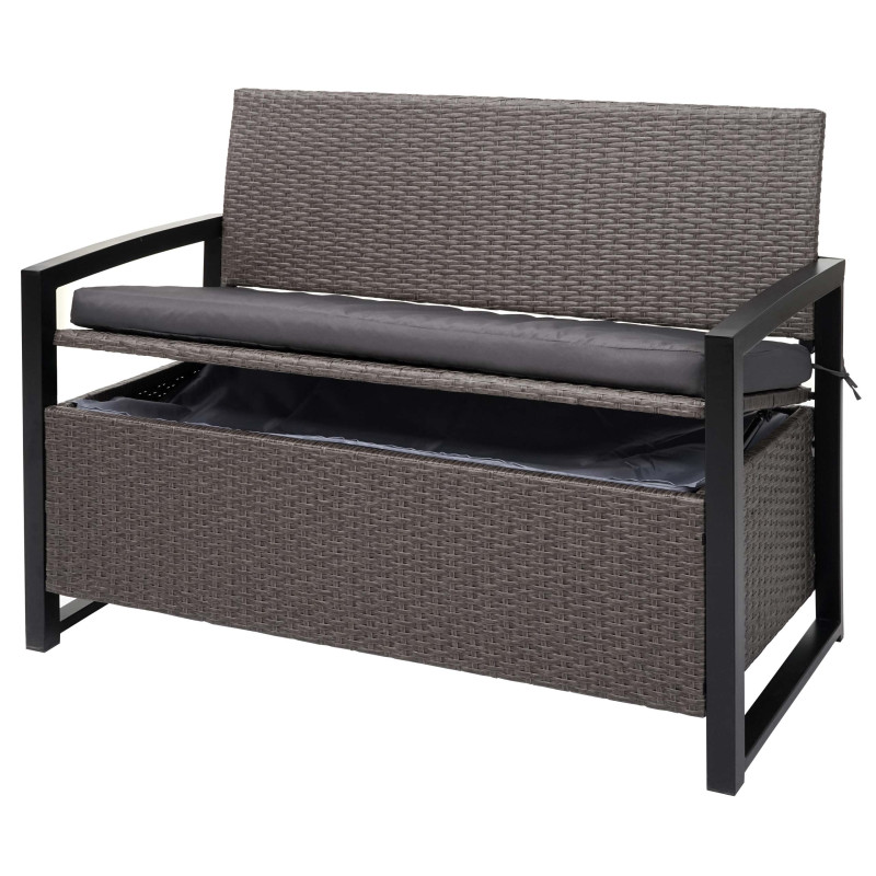 Banc en polyrotin banquette de jardin, coffre, compartiment, coussin - gris, coussin gris