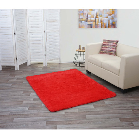 Tapis shaggy, épais, poil long, tissu/textile, cotonneux, doux, 160x120cm - rouge