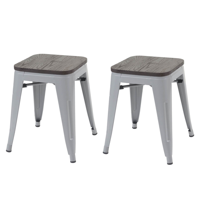 2x tabouret avec siège en bois, tabouret en métal, design industriel, empilable - gris