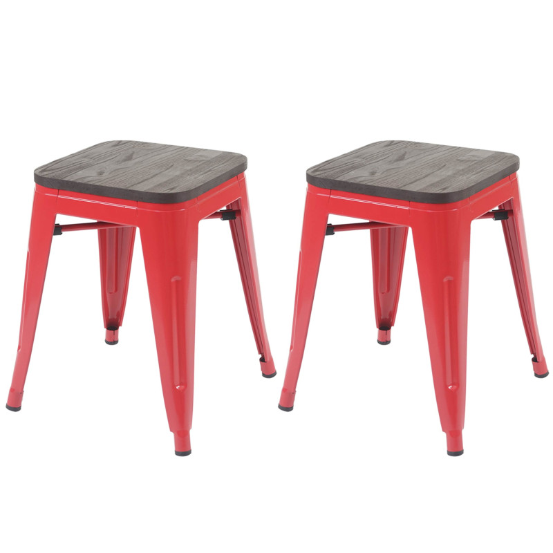 2x tabouret avec siège en bois, tabouret en métal, design industriel, empilable - rouge