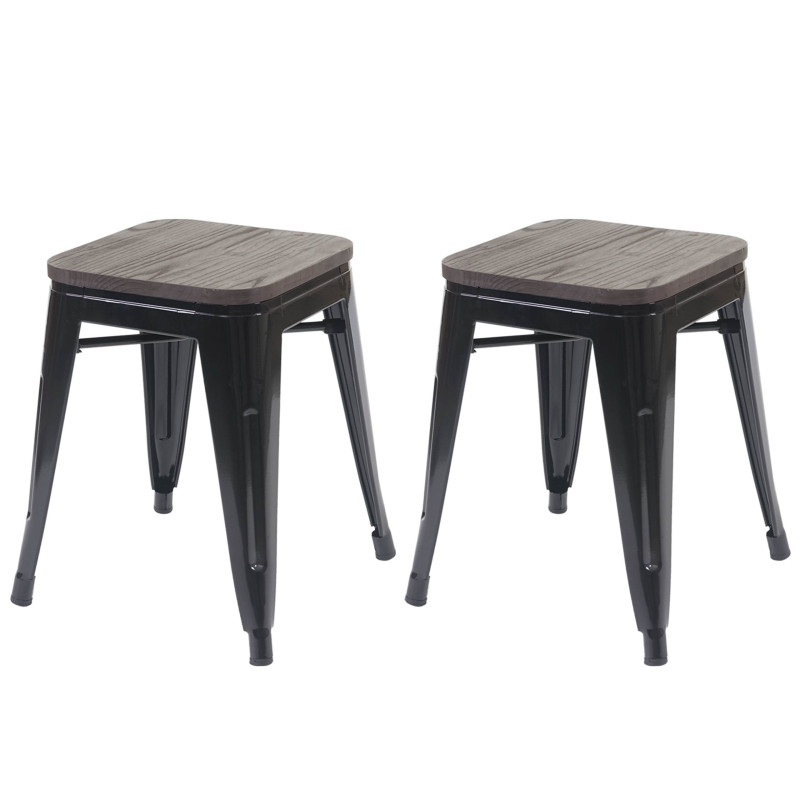 2x tabouret avec siège en bois, tabouret en métal, design industriel, empilable - noir