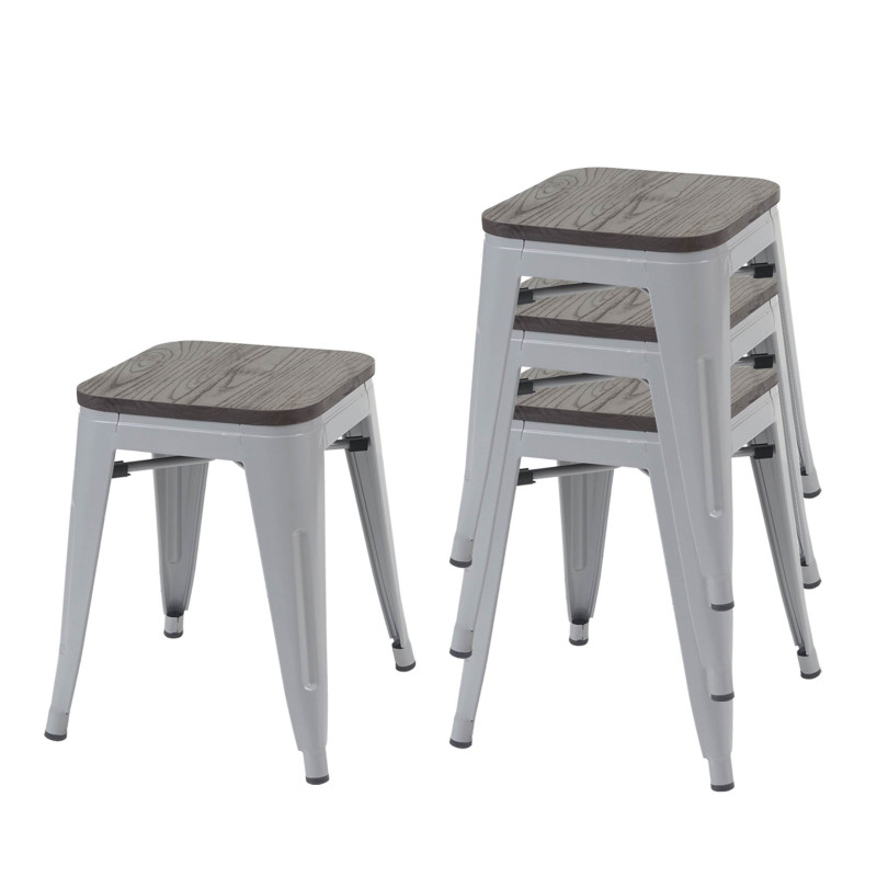 4x Tabouret avec siège en bois, métal, style industriel, empilable - gris