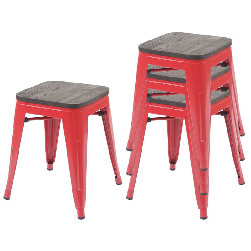 4x Tabouret avec siège en bois, métal, style industriel, empilable - rouge