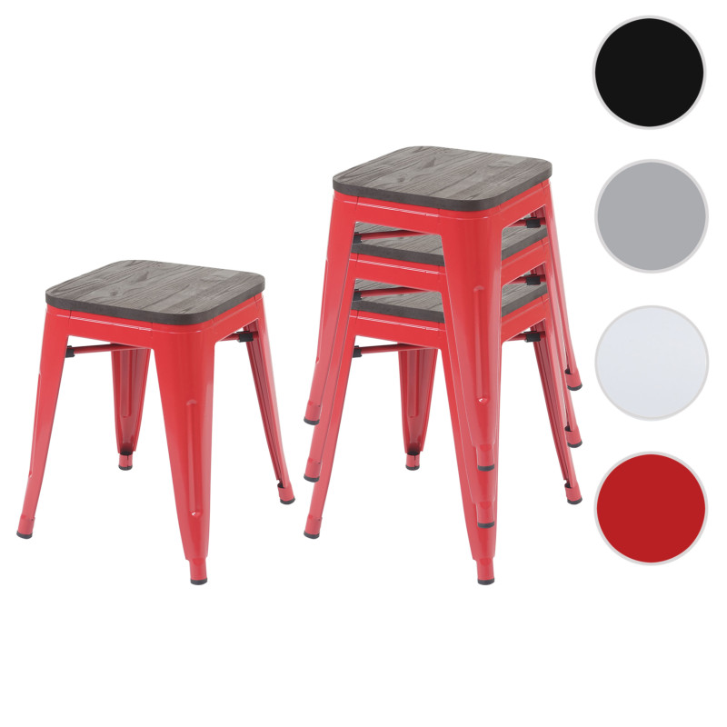 4x Tabouret avec siège en bois, métal, style industriel, empilable - rouge