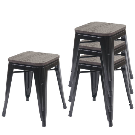 4x Tabouret avec siège en bois, métal, style industriel, empilable - noir