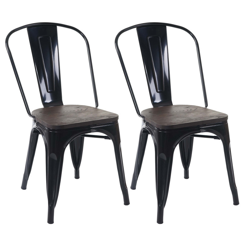 2x chaise de bistro avec siège en bois, chaise empilable, métal, design industriel - noir