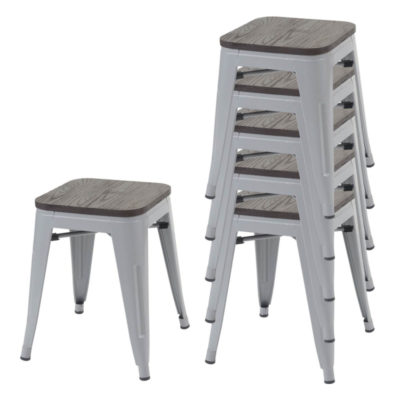 6x Tabouret avec siège en bois, métal, style industriel, empilable - gris