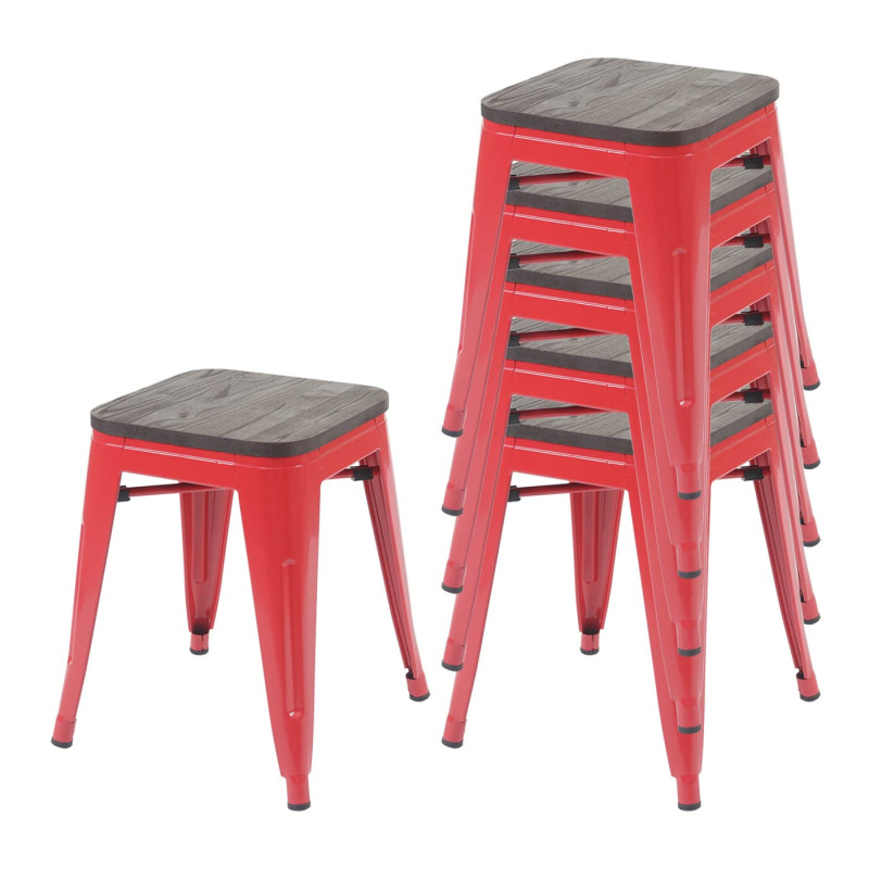 6x tabouret avec assise en bois, métal tabouret siège, métal design industriel empilable - rouge