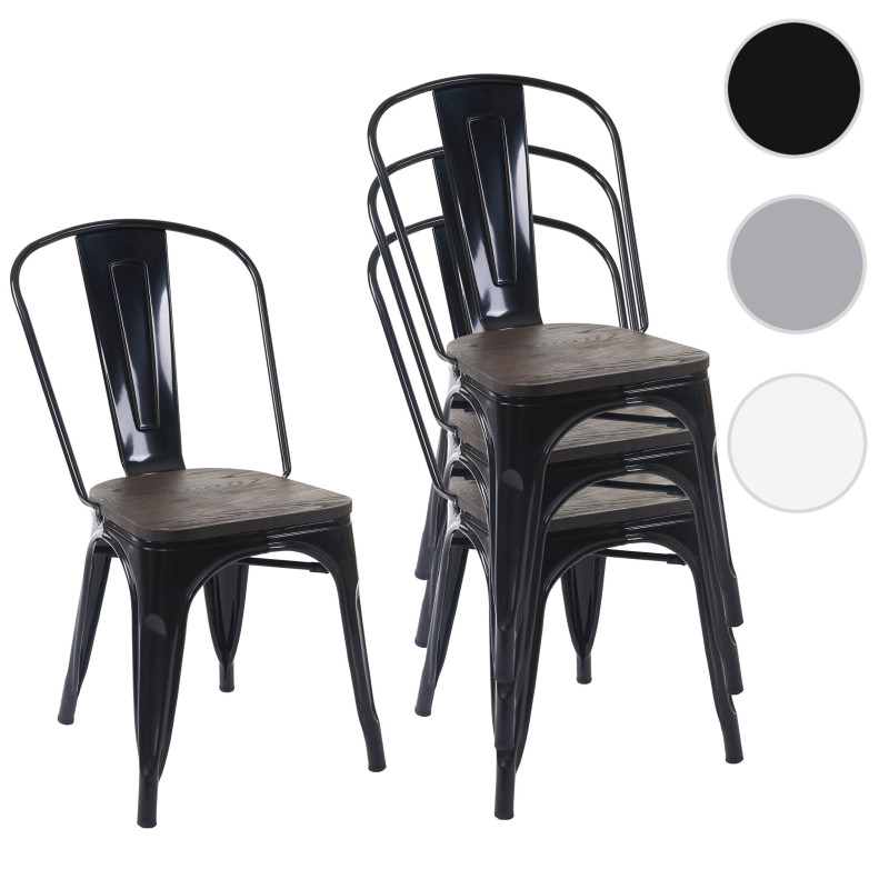 4x chaise de bistro avec siège en bois, chaise empilable, métal, design industriel - noir