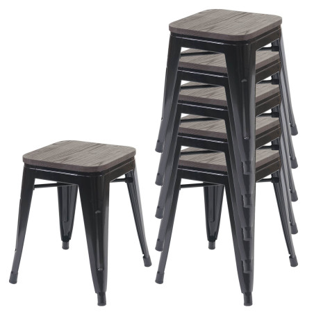 6x Tabouret avec siège en bois, métal, style industriel, empilable - noir