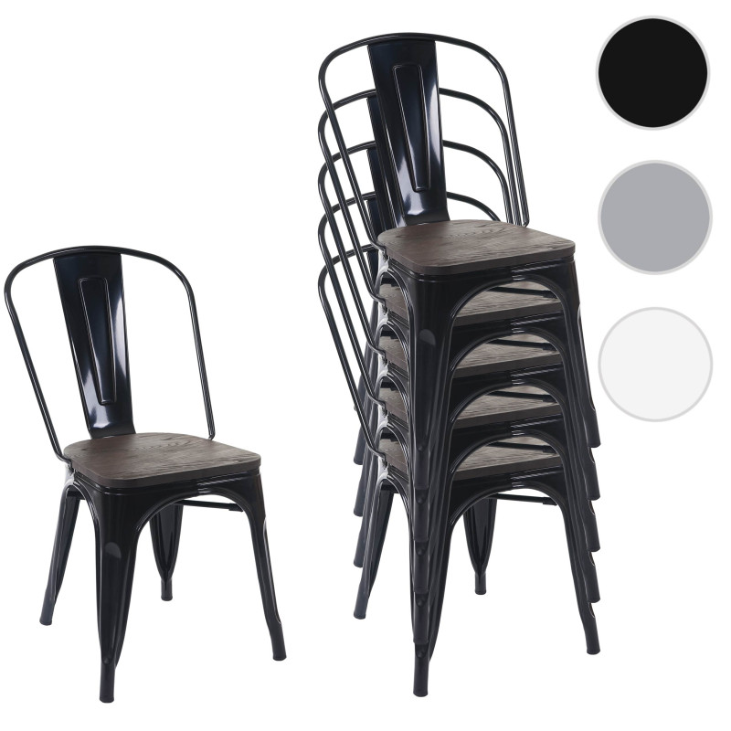6x chaise de bistro avec siège en bois, chaise empilable, métal, design industriel - gris