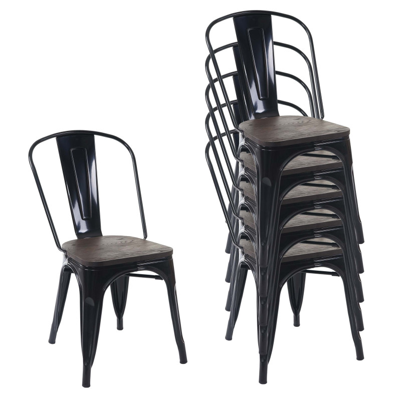 6x chaise de bistro avec siège en bois, chaise empilable, métal, design industriel - noir