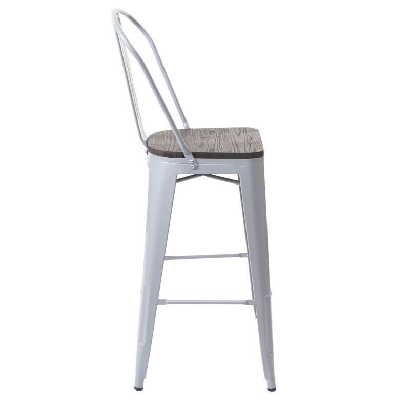 2x tabouret de bar avec siège en bois, chaise comptoir avec dossier, métal, design industriel - gris