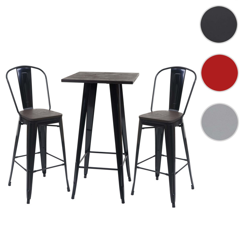 Set table mange-debout + 2x tabouret de bar plateau en bois, design industriel, métal - noir