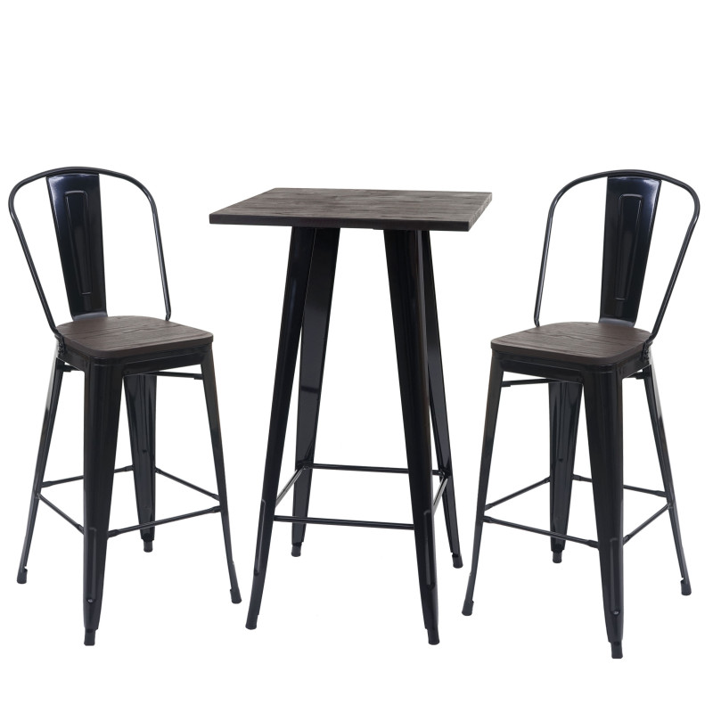Set table mange-debout + 2x tabouret de bar plateau en bois, design industriel, métal - noir