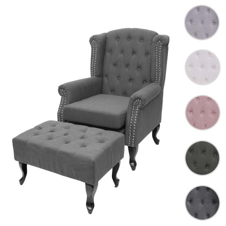 Fauteuil de luxe Chesterfield, fauteuil à oreilles, tissu hydrofuge - gris sans ottomane