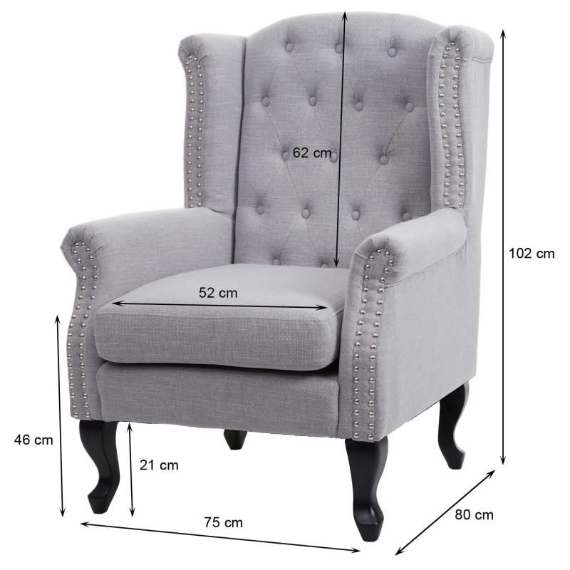 Fauteuil de luxe Chesterfield, fauteuil à oreilles, tissu hydrofuge - gris sans ottomane