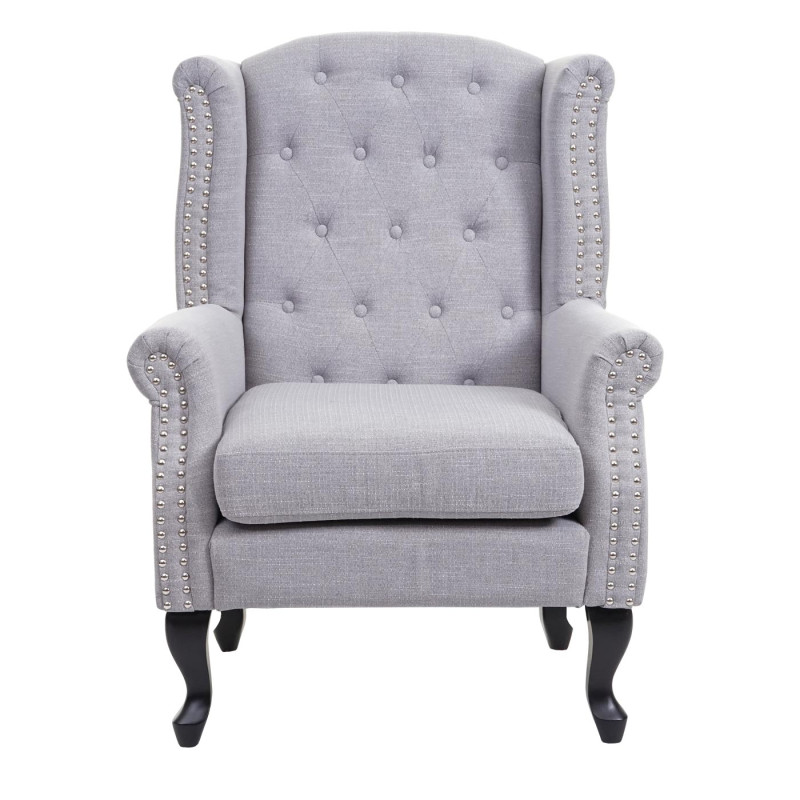 Fauteuil de luxe Chesterfield, fauteuil à oreilles, tissu hydrofuge - gris sans ottomane