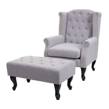 Fauteuil de luxe Chesterfield, fauteuil à oreilles, tissu hydrofuge - gris avec ottomane