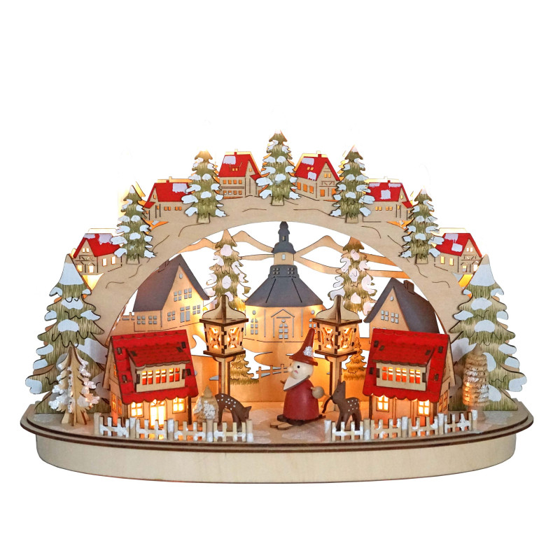 Village de Noël ville d'hiver, figurines de Noël, arc de lumière, bois illuminé, 13 LEDs