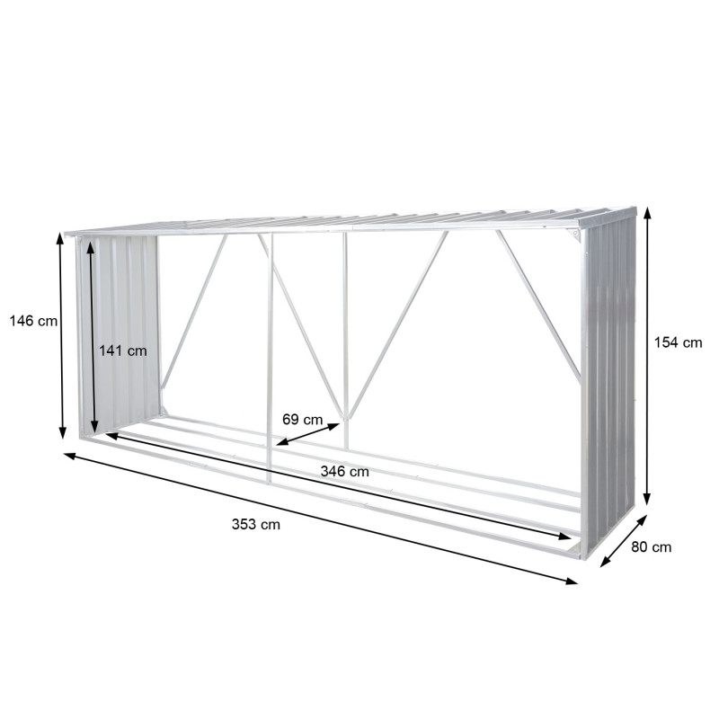 Entrepôt pour bois de chauffage abri pour bois, chantier de bois, 3,35m³ métal zingué 153x353x80cm