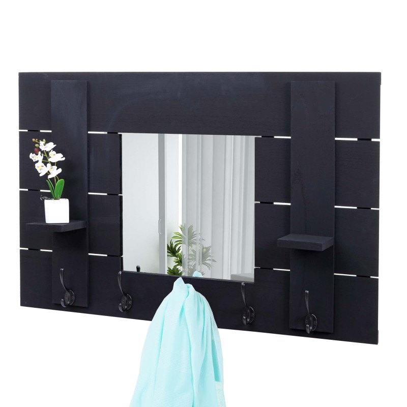 Garderobe murale avec miroir, planche vestiaire, shabby, vintage, 5 crochets 90x60cm - gris foncé