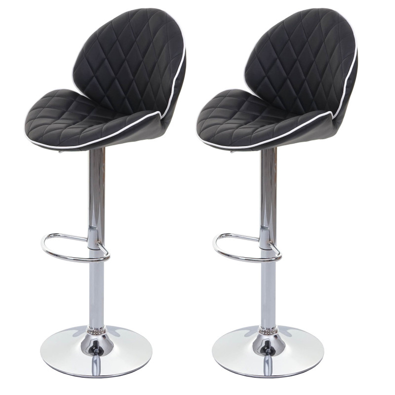 2x tabouret de bar chaise de comptoir, rotatif, similicuir, couture blanche - noir