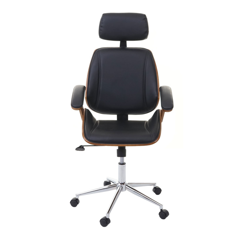 Chaise de bureau fauteuil pitovant, design rétro, bois de proue, aspect noix, similicuir, noir
