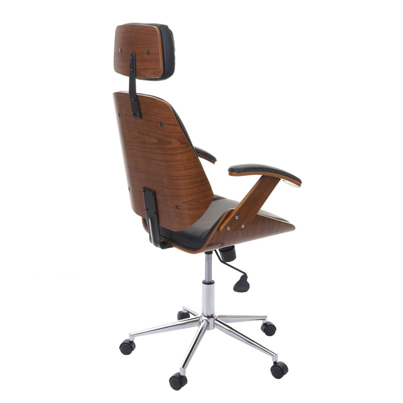 Chaise de bureau fauteuil pitovant, design rétro, bois de proue, aspect noix, similicuir, noir